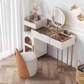White makeup vanity table with glass tabletop, open storage compartment, drawers, and cabinet main product image